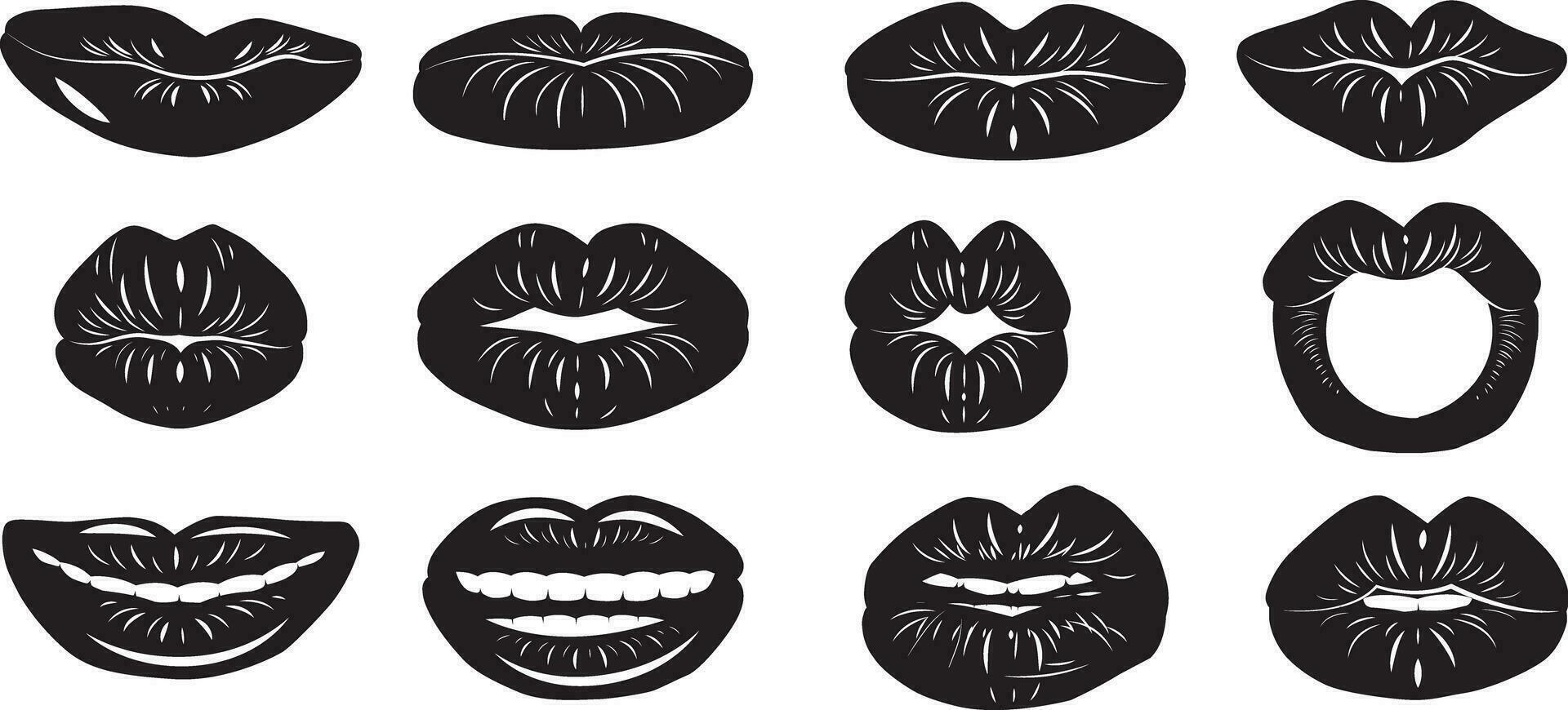 Lips black shape icon set. Vector silhouettes isolated on white background