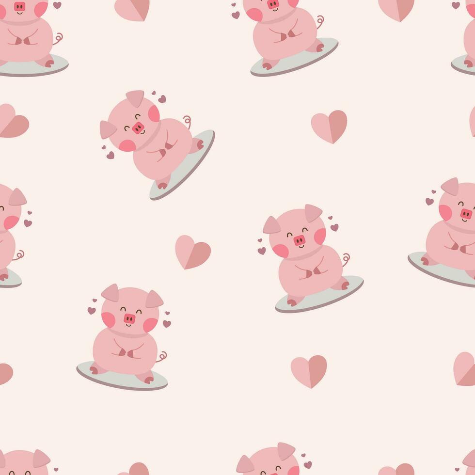 Cute kawaii pig and heart seamless pattern vector