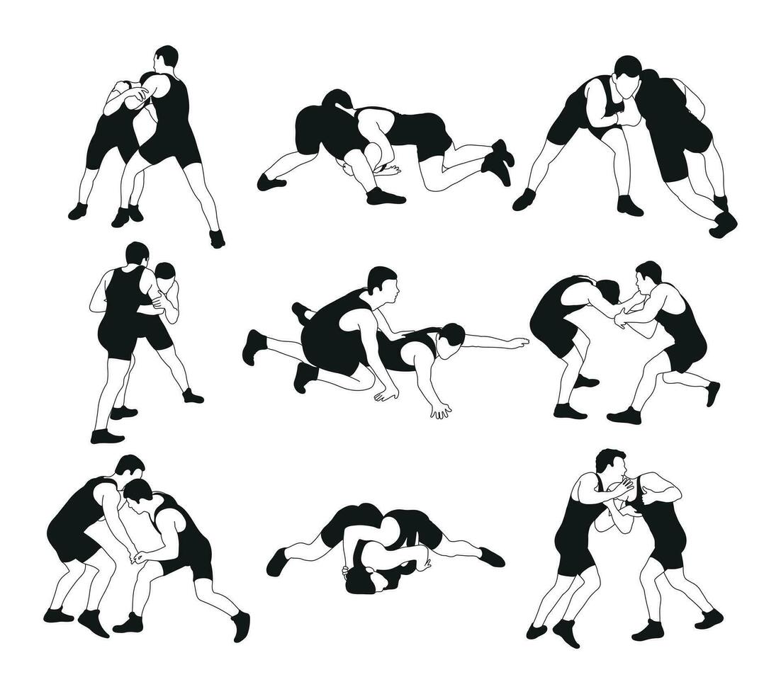 Outline silhouettes of athletes wrestlers. Greco Roman, freestyle, classical wrestling vector