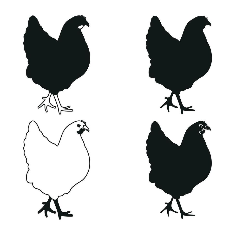 gallo, pollo, gallina, polluelo, posición de pie, aves de corral silueta mano dibujado vector