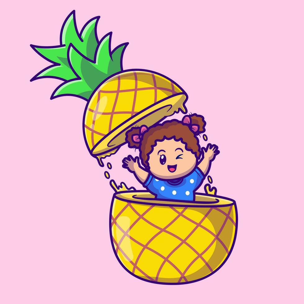 linda niña en piña dibujos animados vector icono ilustración. personas Fruta icono concepto aislado prima vector. plano dibujos animados estilo