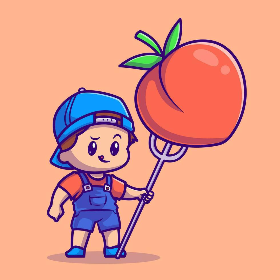 Cute Boy With Peach Fruit Cartoon Vector Icon Illustration. People Fruit Icon Concept Isolated Premium Vector. Flat Cartoon Style