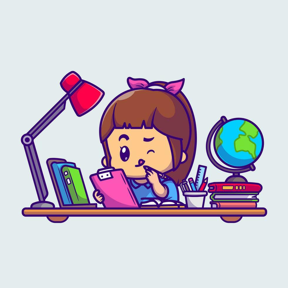 Cute Girl Study With Books Cartoon Vector Icon Illustration. People Education Icon Concept Isolated Premium Vector. Flat Cartoon Style