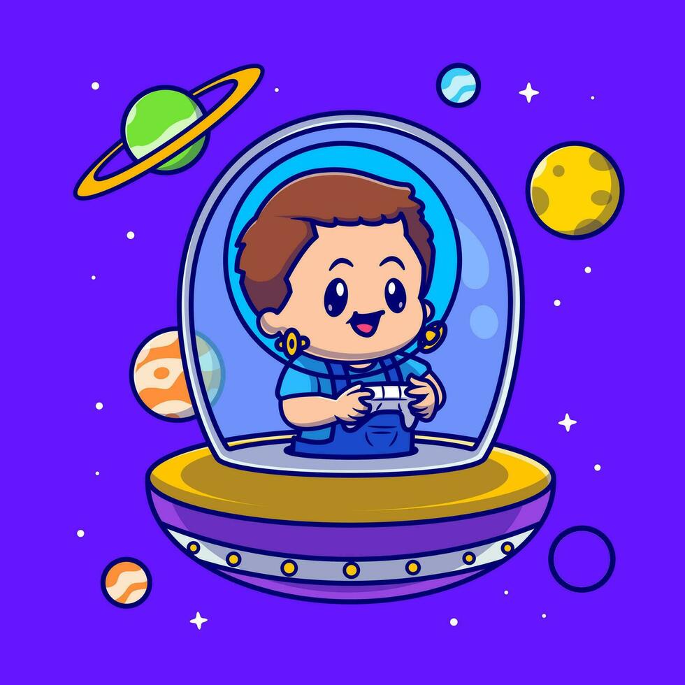 Cute Boy Astronaut Playing Game In Ufo Cartoon Vector Icon Illustration. People Science Icon Concept Isolated Premium Vector. Flat Cartoon Style