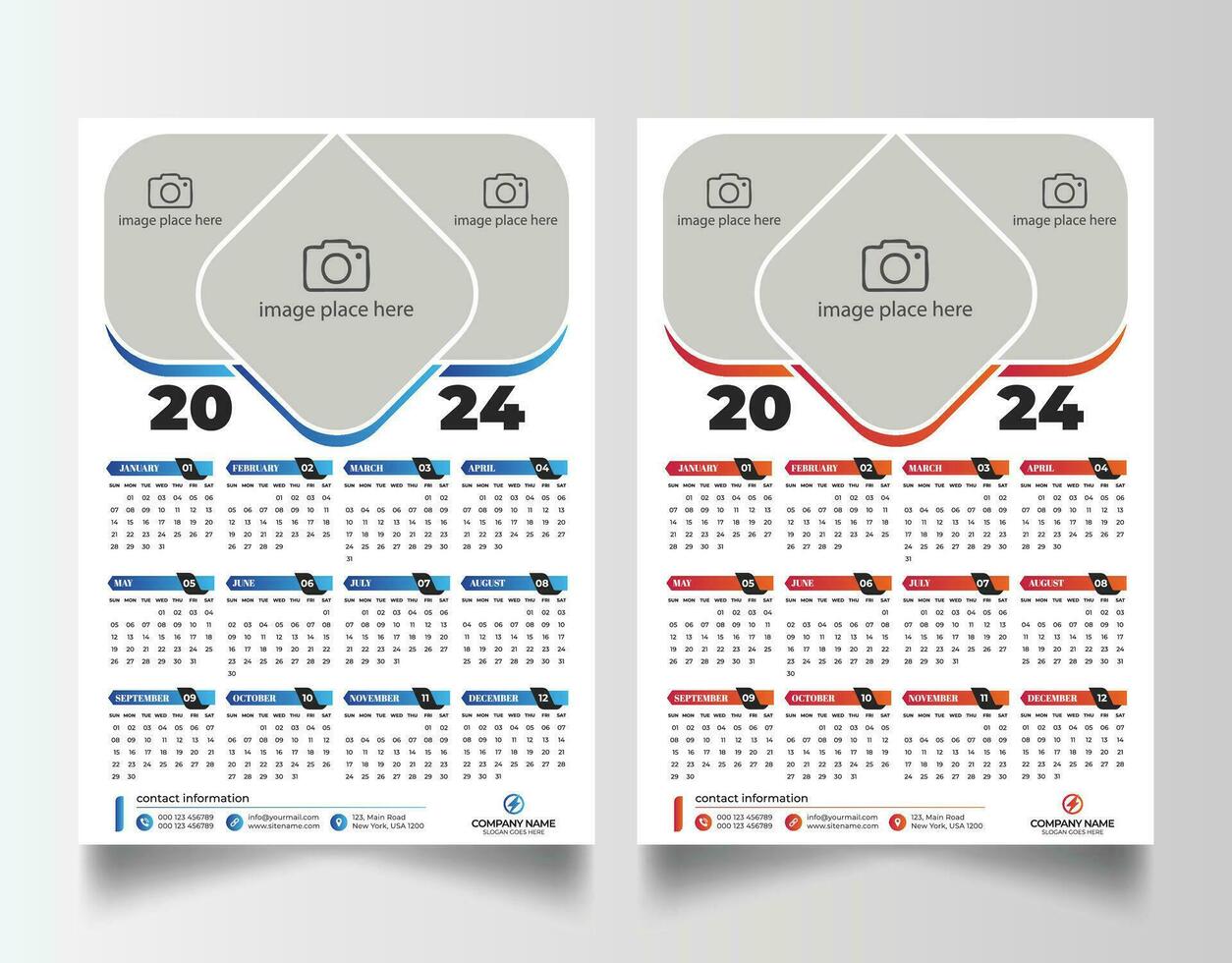 New year 2024 one page wall calendar template vector