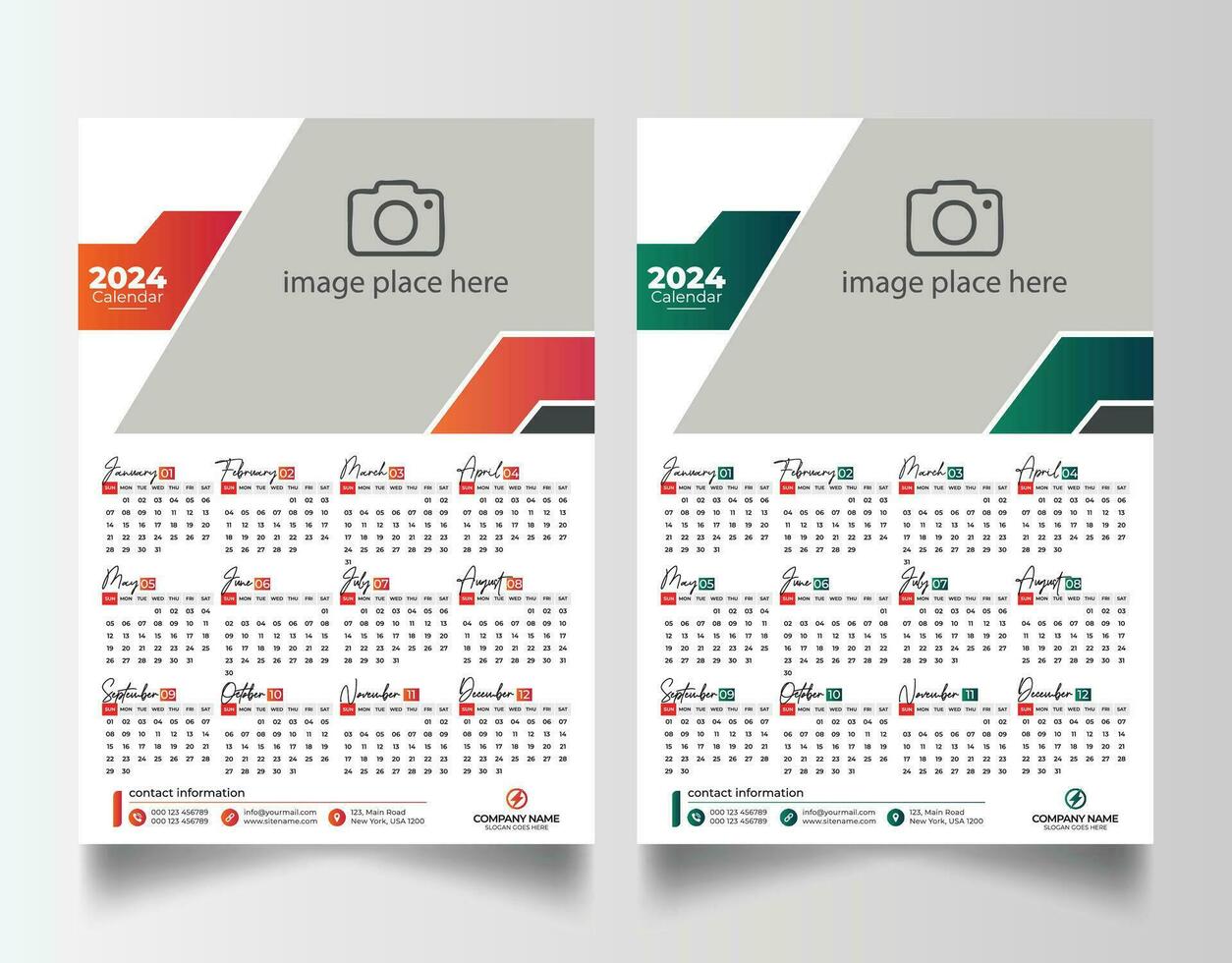 New year 2024 one page wall calendar template vector