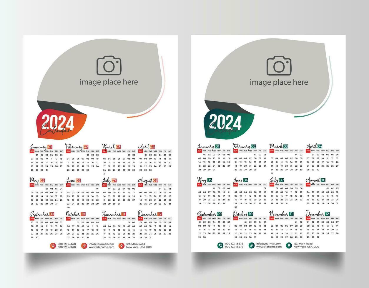 New year 2024 one page wall calendar template vector