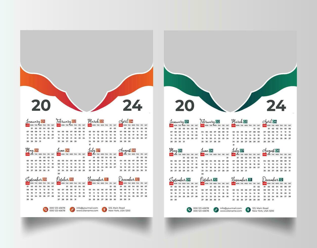 New year 2024 one page wall calendar template vector