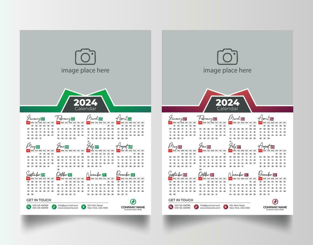 New year 2024 one page wall calendar template vector