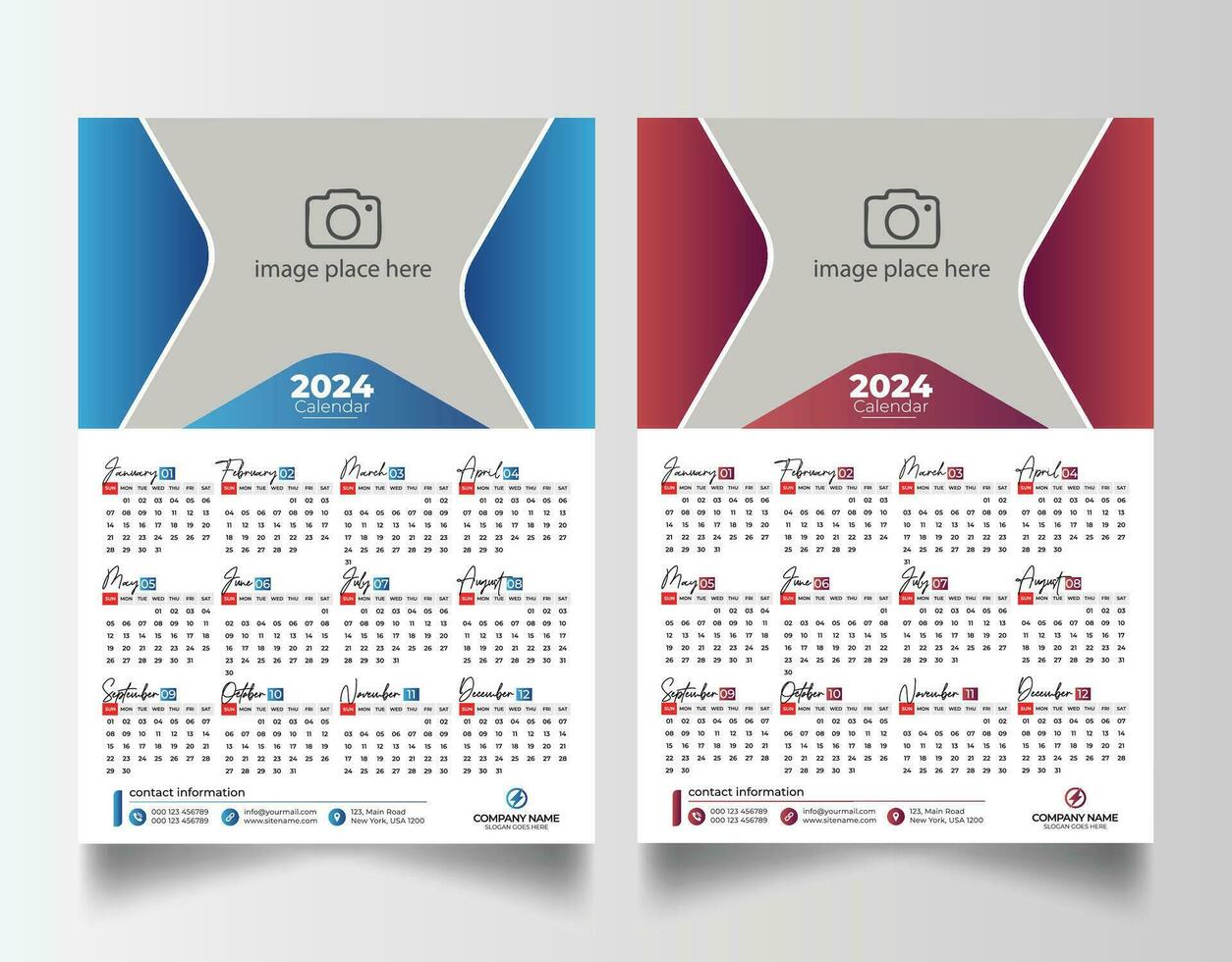 nuevo año 2024 uno página pared calendario modelo vector