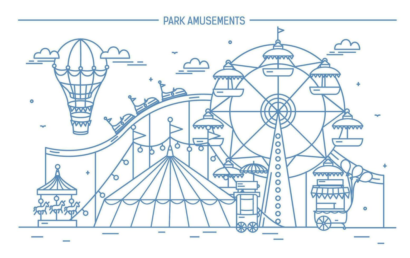 Nice horizontal banner of amusement park. Circus, ferris wheel, attractions, side view with aerostat in air. Contour line art vector illustration