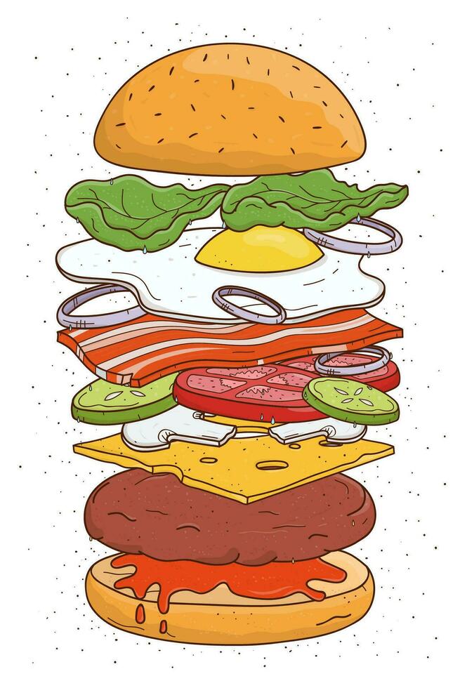 Hamburger concept ingredients. Bun, salad, tomato, cheese, cutlet, egg, bacon, mushrooms, onion, ketchup. Colorful hand drawn vector illustration.