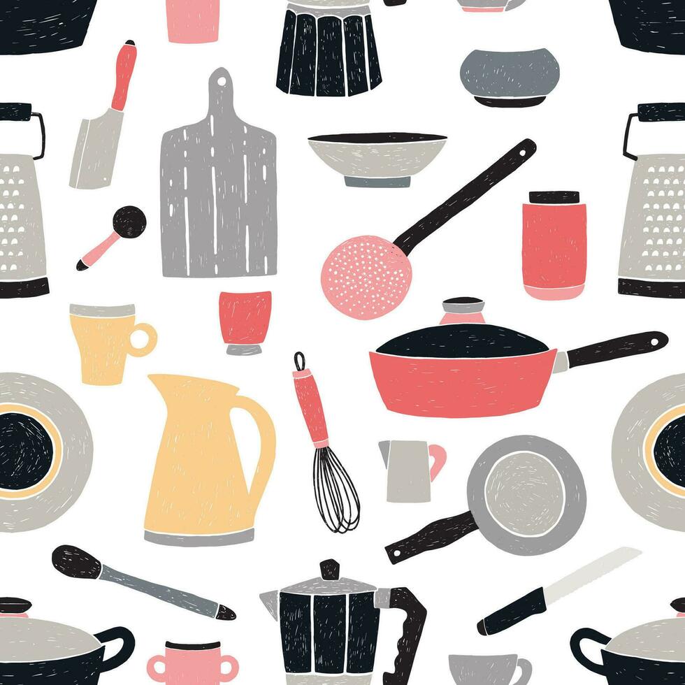 Kitchenware seamless pattern. Stylized hand drawn doodle dishes. Colorful vector illustration.