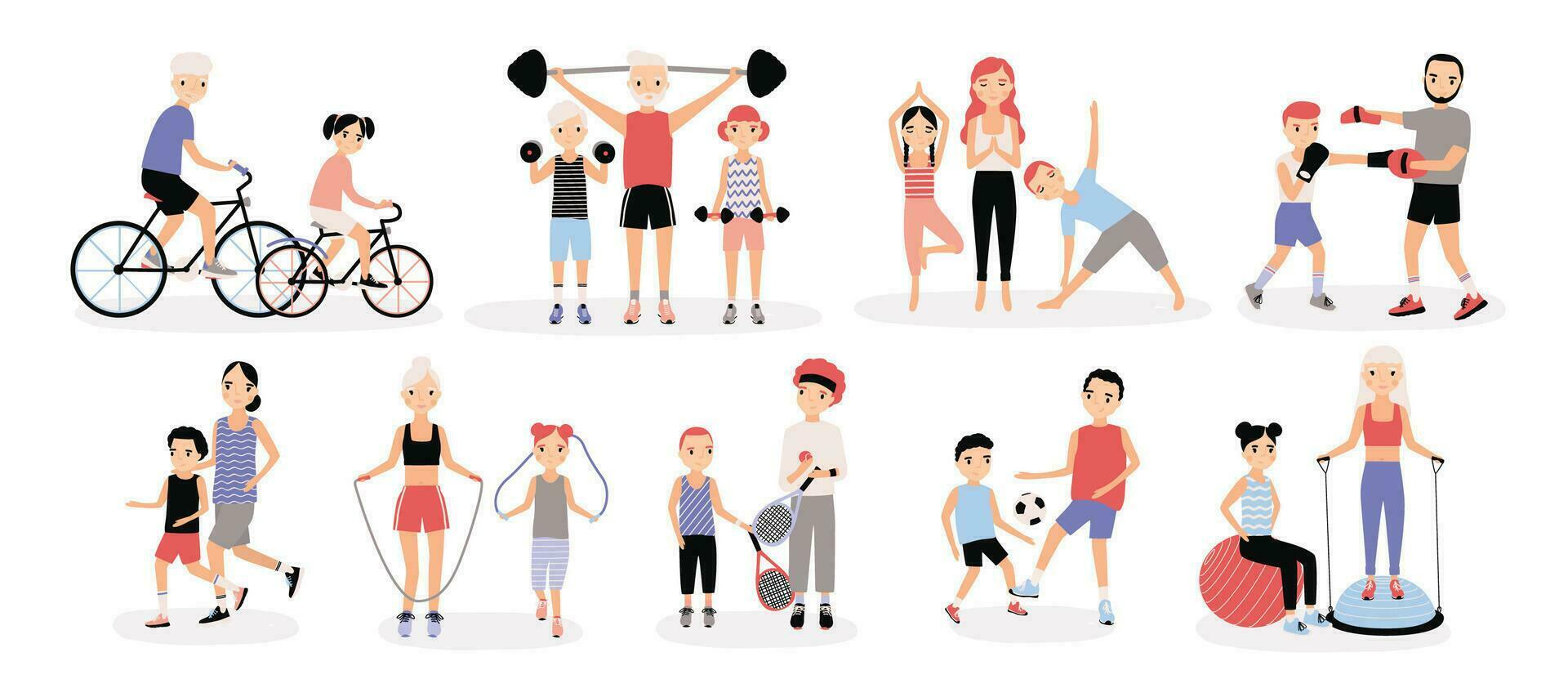 Family sports activity collection. Mothers and fathers with children set. Bosu, weightlifting, boxing, jumping rope, tennis, football, jogging, yoga, cycling training. Colorful vector illustration.