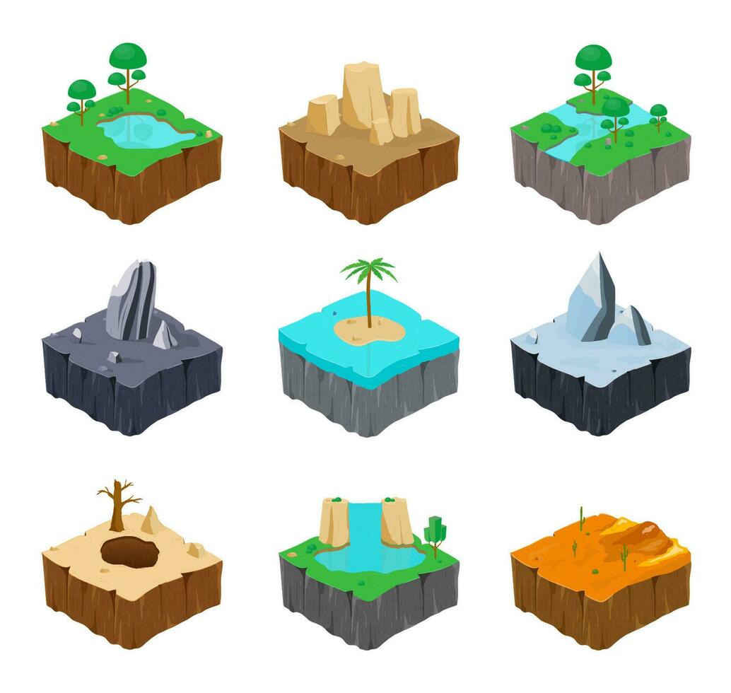 conjunto de isométrica juego islas linda lago, río, roca, río, isla, hielo, desierto, cascada, cañón ubicaciones. vistoso vector ilustración recopilación.