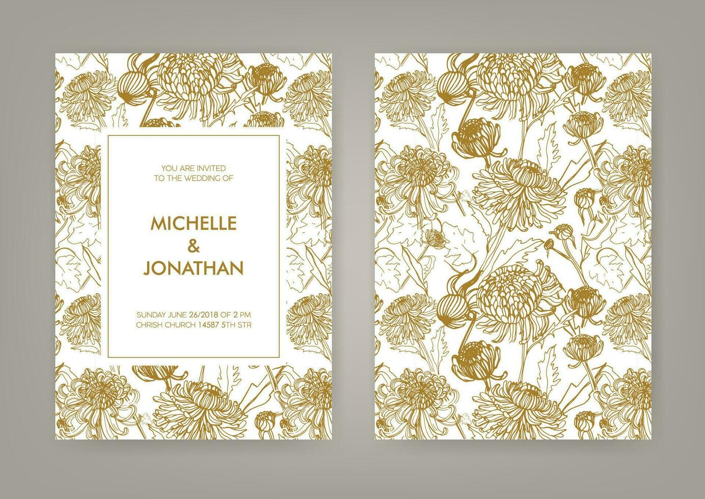 Wedding invitation with golden japanese chrysanthemum vertical card. Monochrome vector illustration.