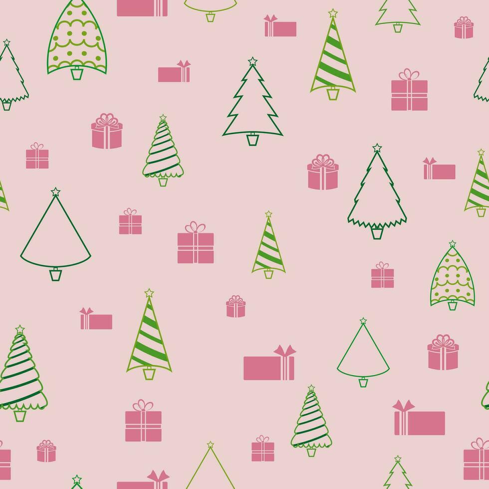 sin costura modelo verde árbol y rosado regalo caja con Navidad ornamento en rosado antecedentes vector
