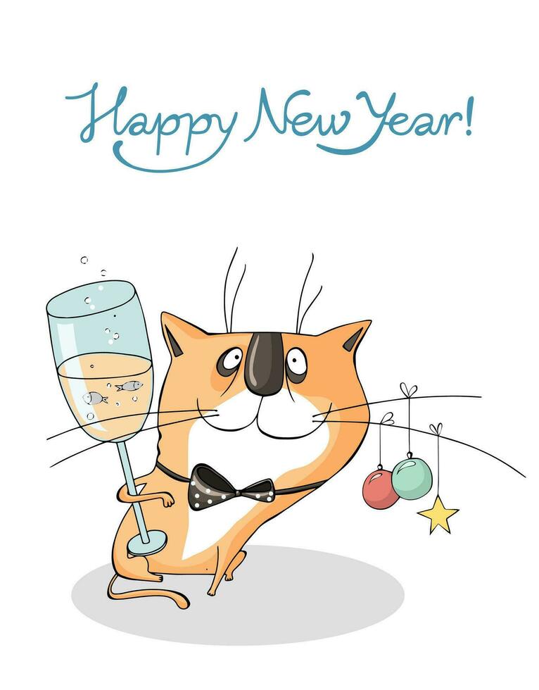 nuevo año saludo tarjeta con gracioso expresivo gato vector