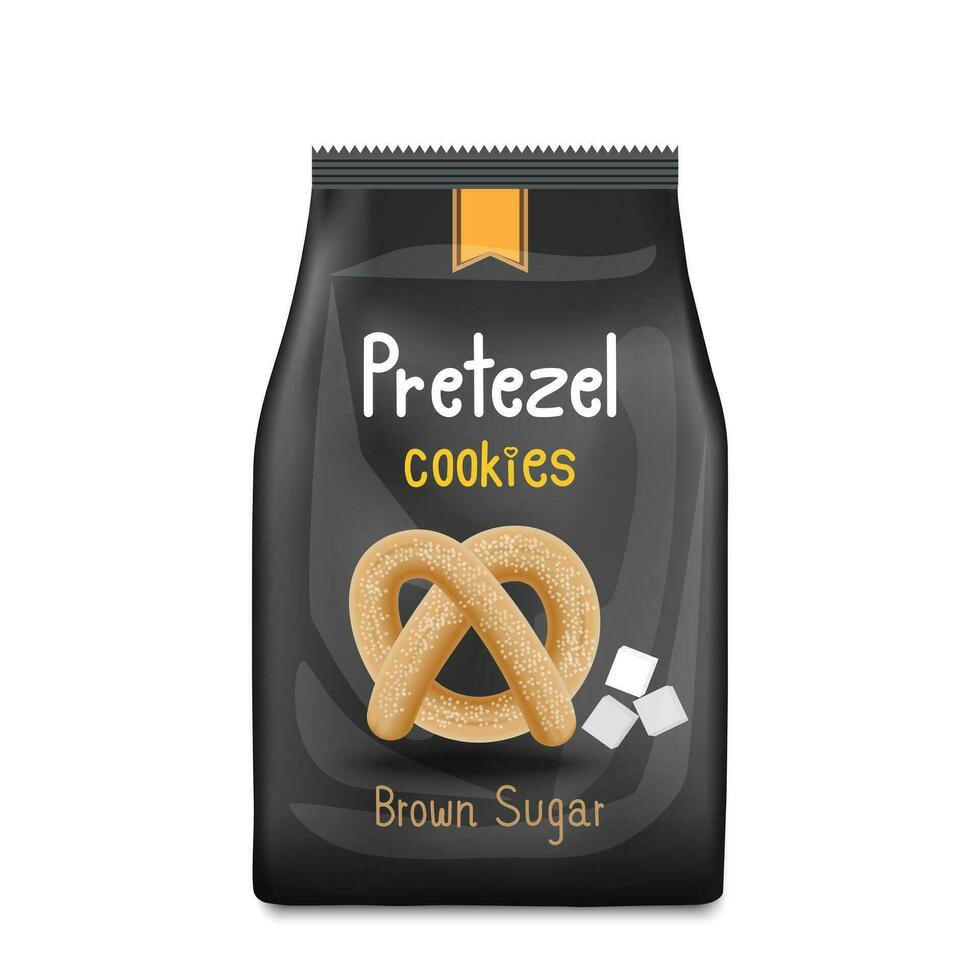 Salted pretzels in a black bag with crumbs next to it. Vector illustration in 3D style.