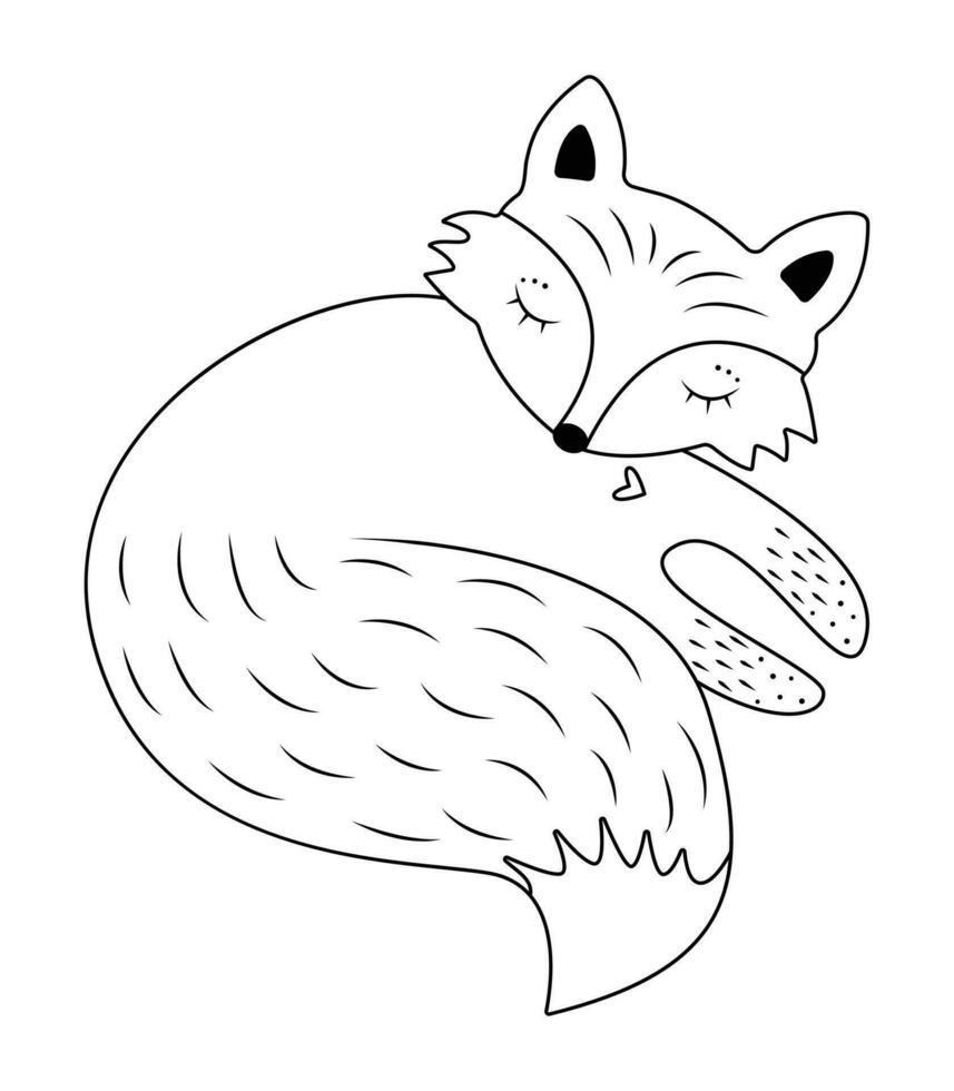 Cute sleeping fox, vector black line illustration of forest animal