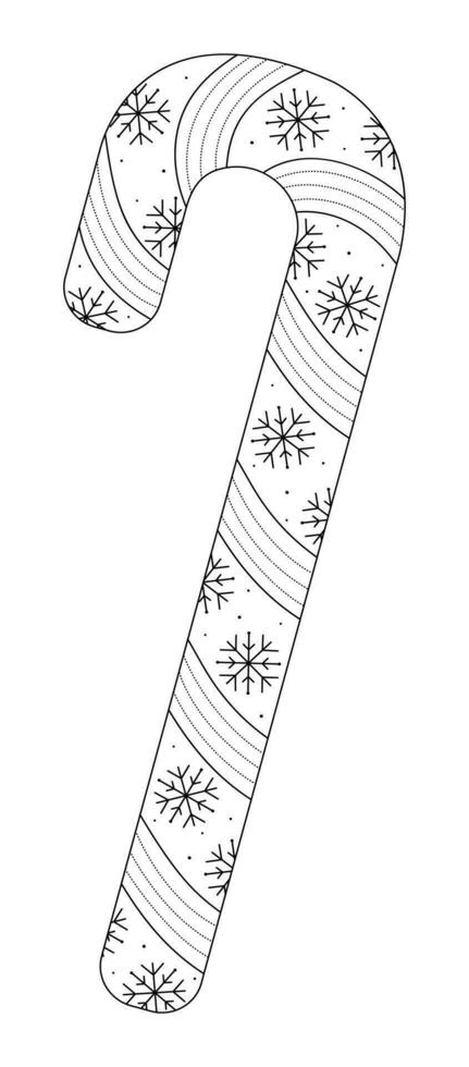 Winter candy cane with snowflakes, vector black line illustration