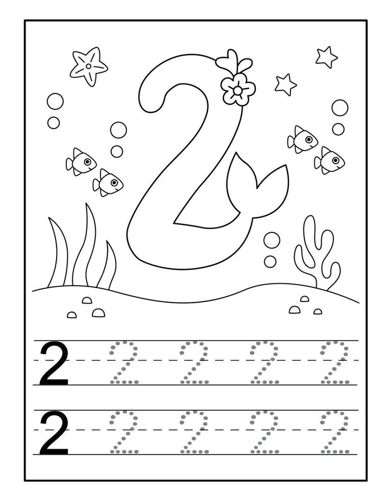 Mermaid number coloring pages for Kindergarten vector
