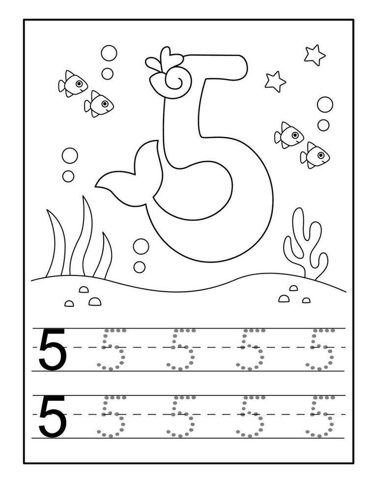 Mermaid number coloring pages for Kindergarten vector