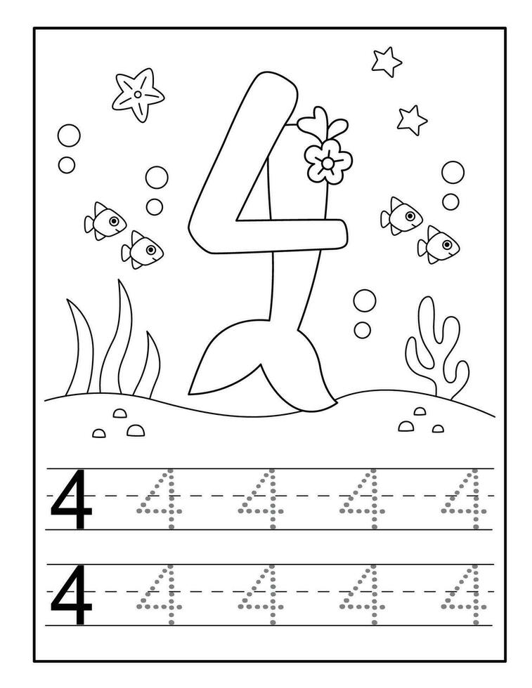 Mermaid number coloring pages for Kindergarten vector