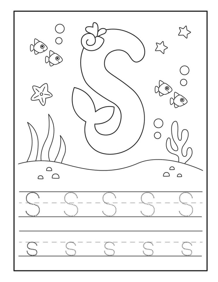 sirena alfabeto colorante paginas para jardín de infancia vector