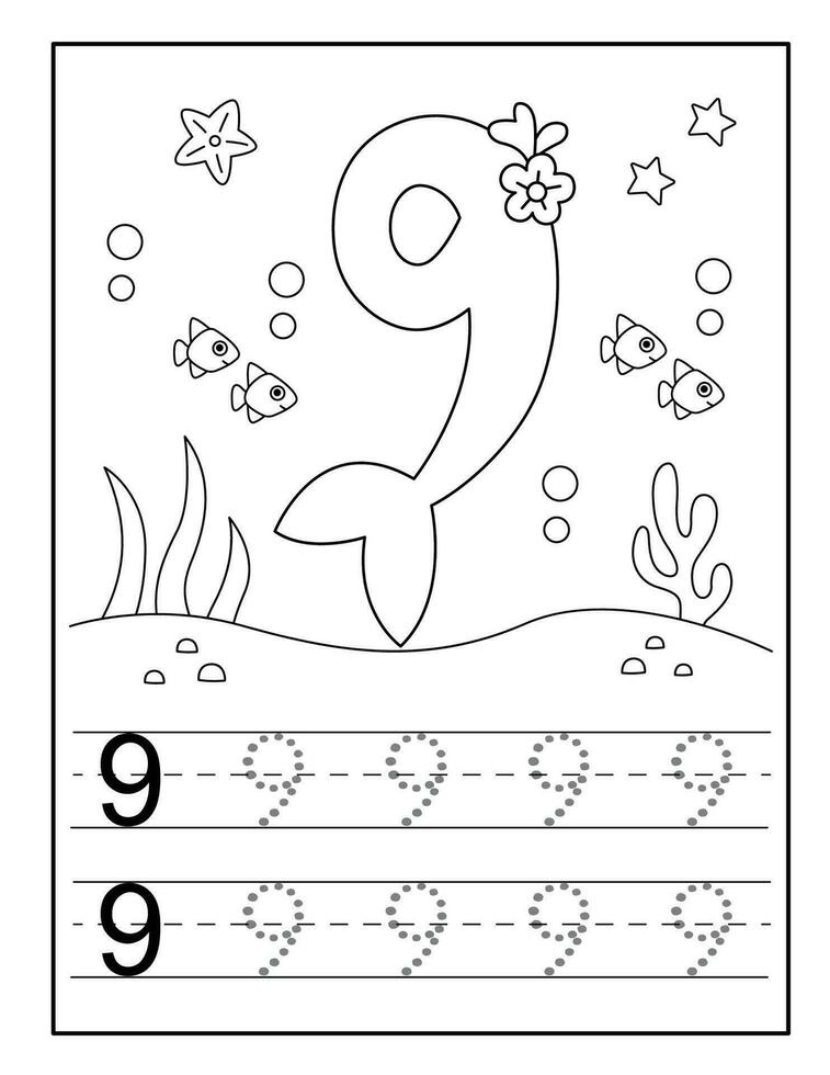 Mermaid number coloring pages for Kindergarten vector