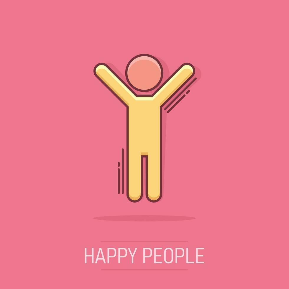 hombre feliz de dibujos animados vectoriales con icono de manos arriba en estilo cómico. pictograma de ilustración de signo de gente feliz. concepto de efecto de salpicadura de negocios de hombre. vector