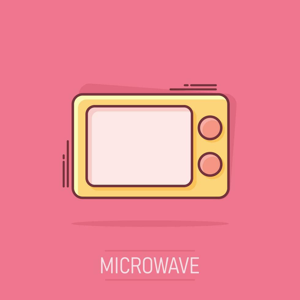 icono de microondas de dibujos animados vectoriales en estilo cómico. Pictograma de ilustración de signo de horno de microondas. concepto de efecto de salpicadura de negocio de estufa. vector