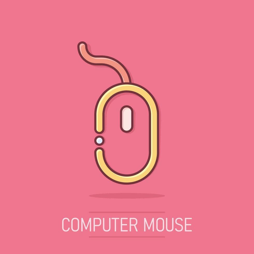 icono de ratón de computadora de dibujos animados vectoriales en estilo cómico. pictograma de ilustración de signo de cursor de computadora. concepto de efecto de salpicadura de negocio de ratón. vector