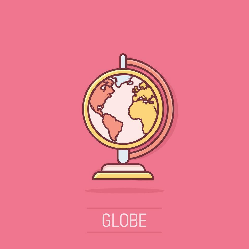 Vector cartoon globe world map icon in comic style. Round earth illustration pictogram. Planet business splash effect concept.