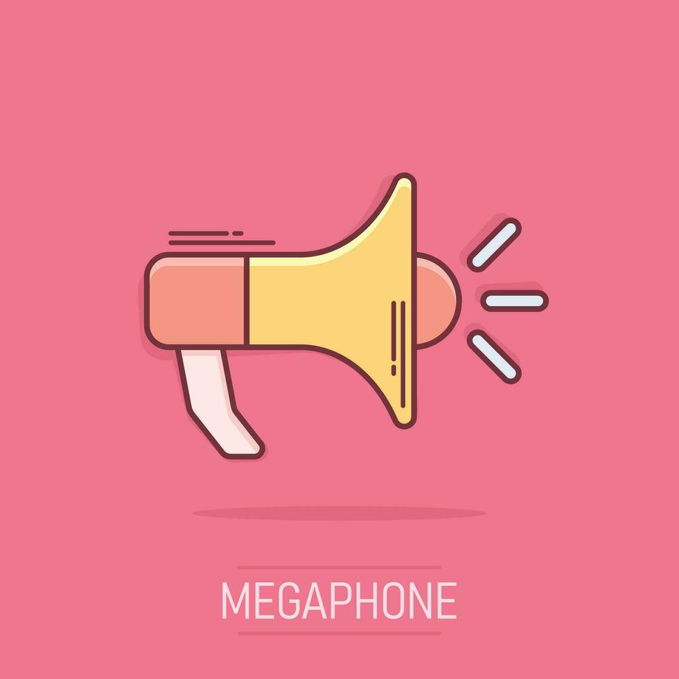 Vector cartoon megaphone icon in comic style. Bullhorn sign illustration pictogram. Megaphone business splash effect concept.