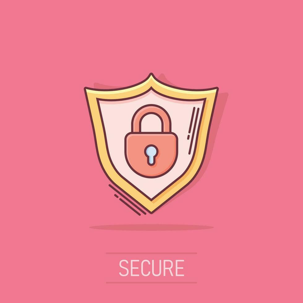 Vector cartoon lock with shield security icon in comic style. Protection illustration pictogram. Shield business splash effect concept.