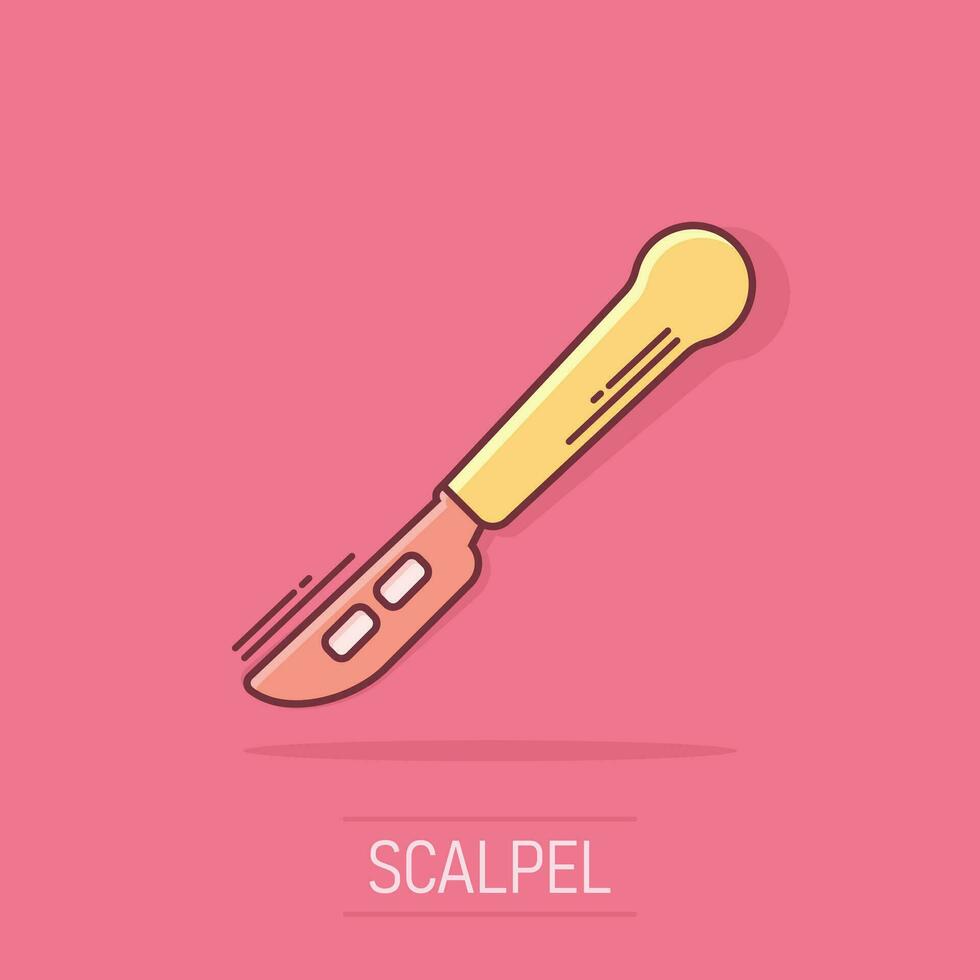 Vector cartoon medical scalpel icon in comic style. Hospital surgery knife sign illustration pictogram. Scalpel business splash effect concept.