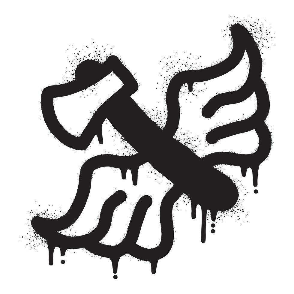 Axe graffiti with wings drawn with black spray paint vector