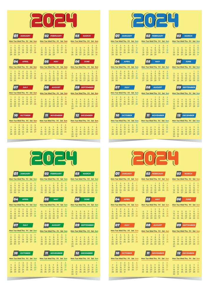 2024 Calendar Design Vector Image with 4 color variants
