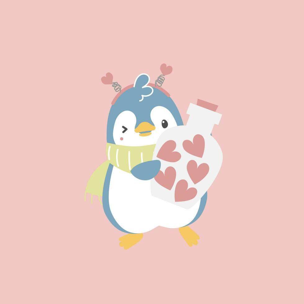 cute and lovely penguin with jar of heart, happy valentine's day, love concept, flat vector illustration cartoon character costume design