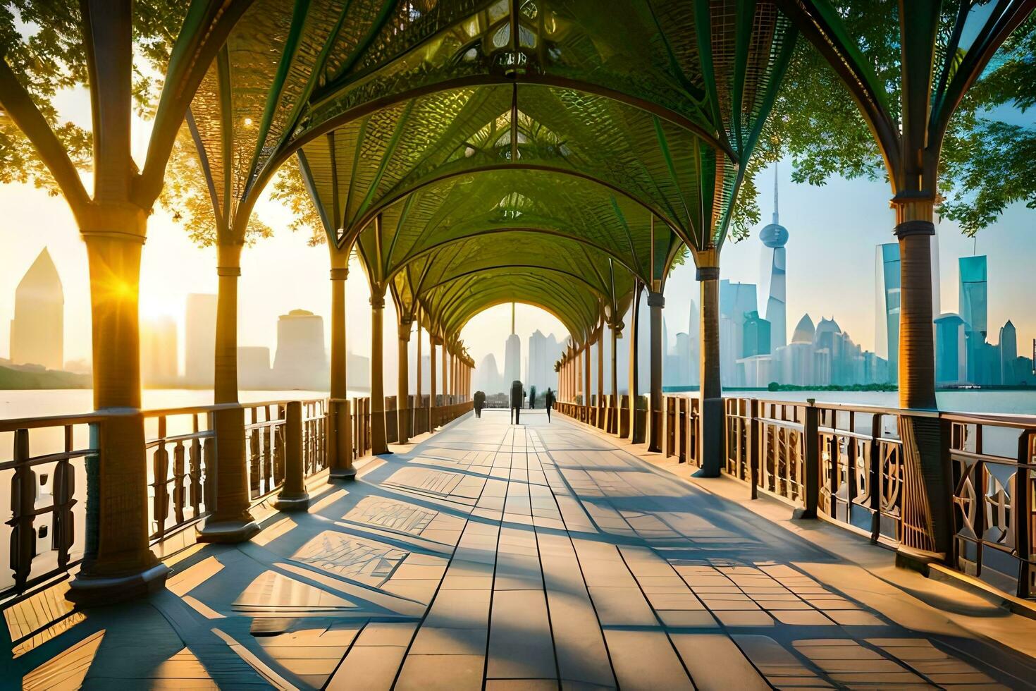 AI generated a cityscape with a park and a walkway photo