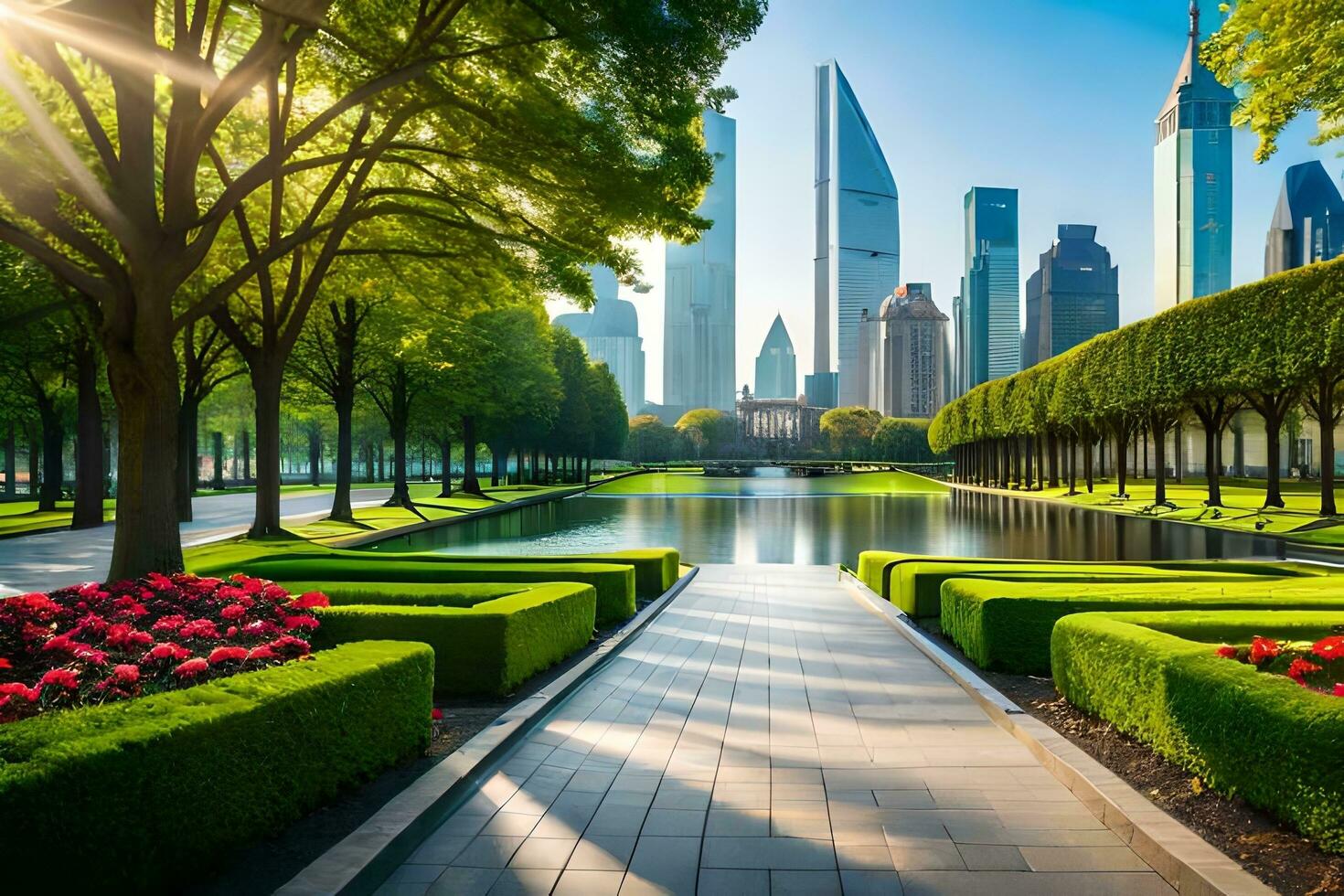 ai generado un hermosa jardín con un fuente en el medio foto