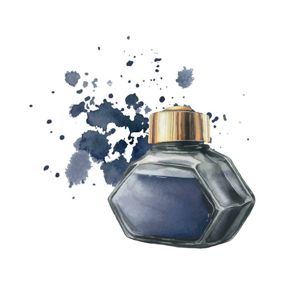 Dark blue ink in a glass inkwell with a gold lid against a background of splashes and stains. Hand drawn watercolor illustration. Isolated object on a white background vector