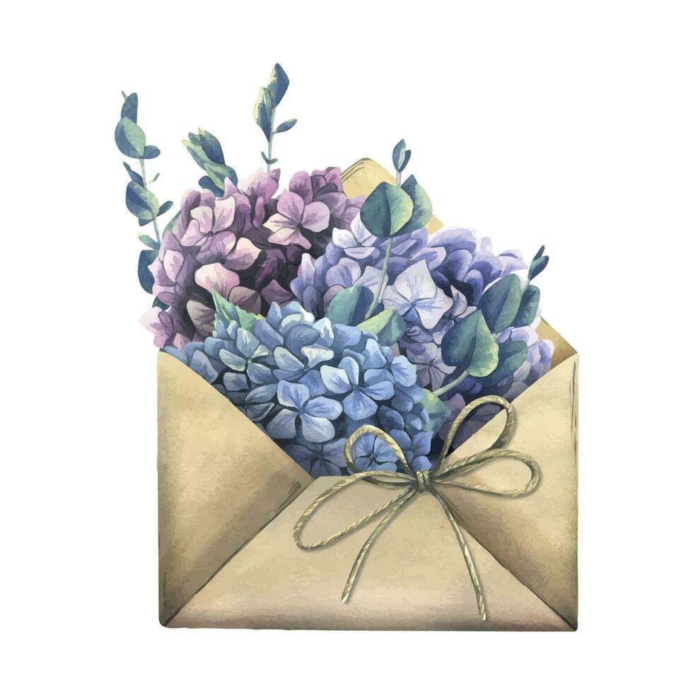 Pink, blue, lilac hydrangea flowers, eucalyptus branches in a craft brown envelope with a jute bow. Hand drawn watercolor illustration. Isolated composition on a white background vector