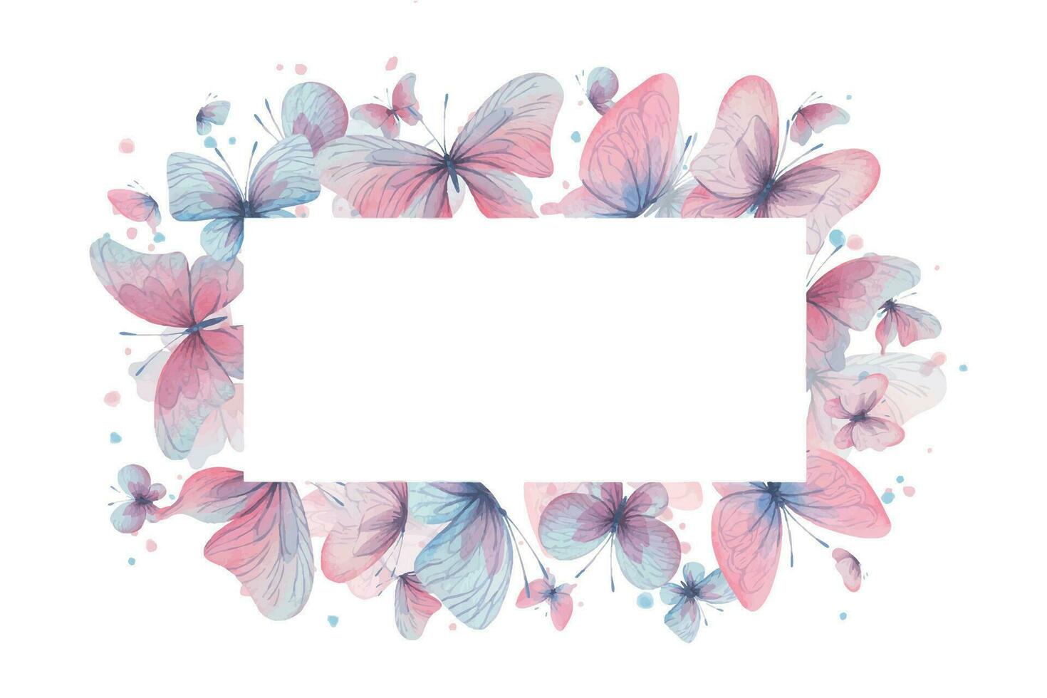 Butterflies are pink, blue, lilac, flying, delicate with wings and splashes of paint. Hand drawn watercolor illustration. Frame, template, wreath on a white background, for design. vector