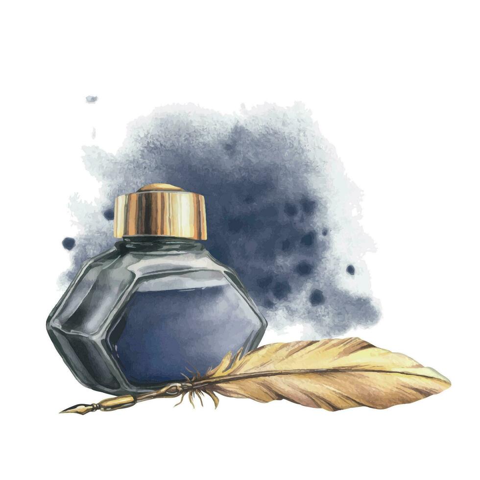 Dark blue ink in a glass inkwell with a gold lid against a background of splashes and stains with golden pen. Hand drawn watercolor illustration. Isolated composition on a white background vector