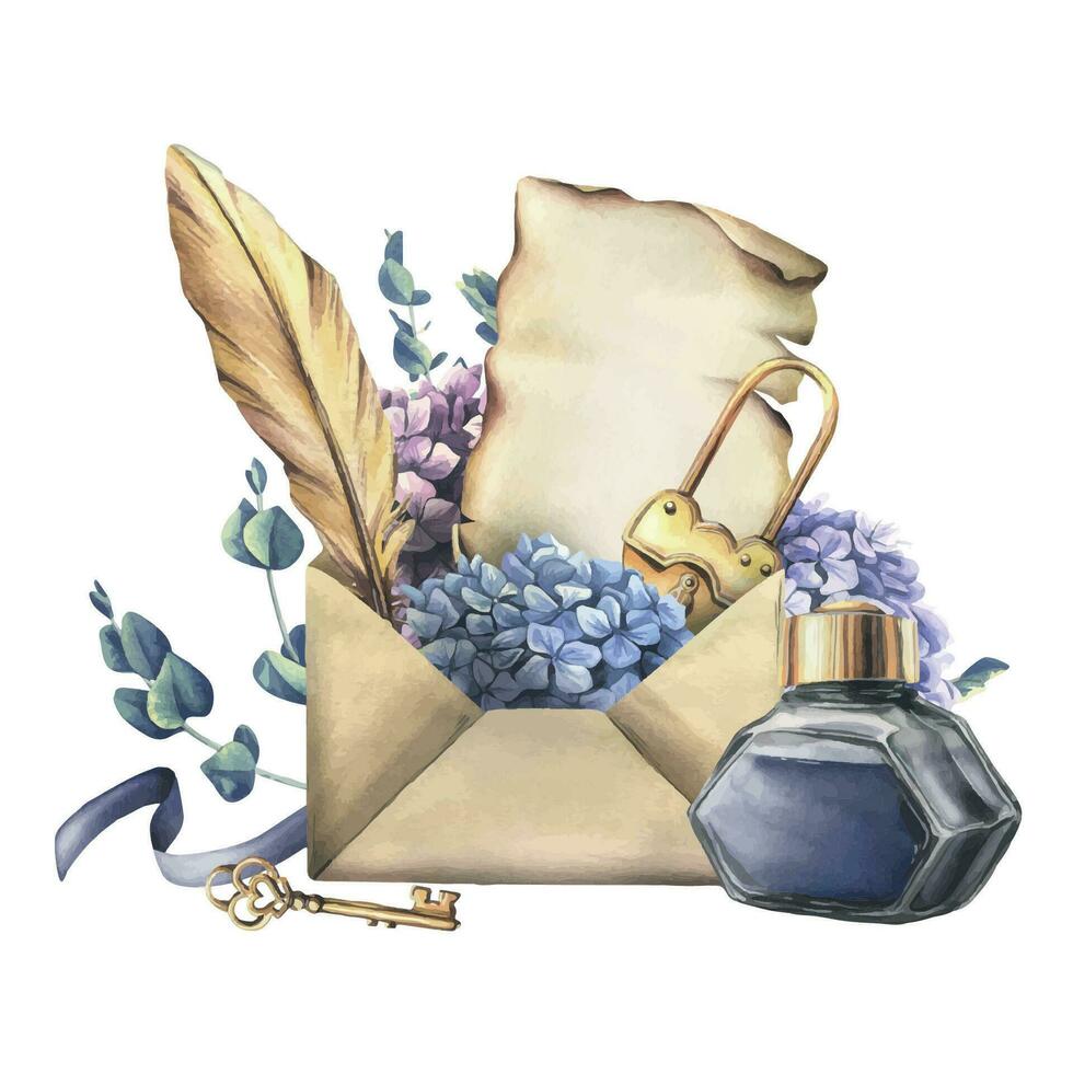 Writing supplies papyrus paper, craft envelope, gold pen, ink in a glass jar, key with lock and hydrangea, eucalyptus flowers. Hand drawn watercolor illustration. Composition on a white background vector