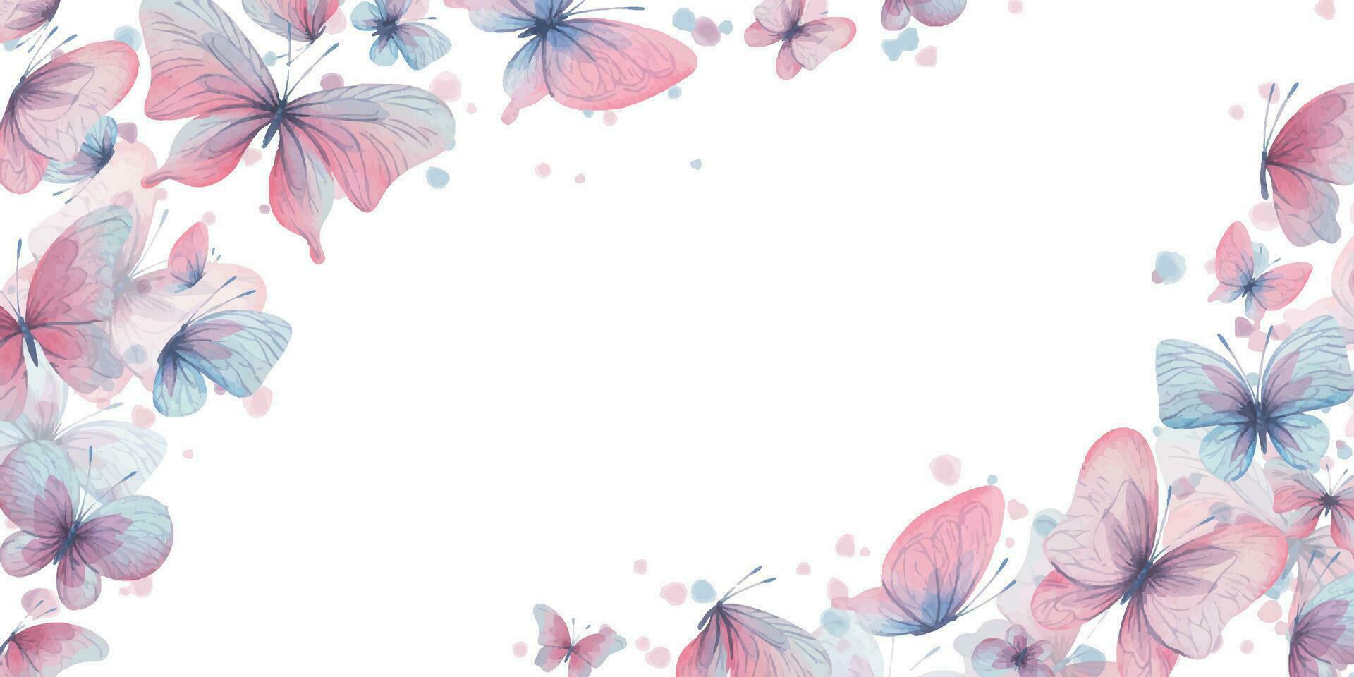 Butterflies are pink, blue, lilac, flying, delicate with wings and splashes of paint. Hand drawn watercolor illustration. Frame, template, wreath on a white background, for design. vector