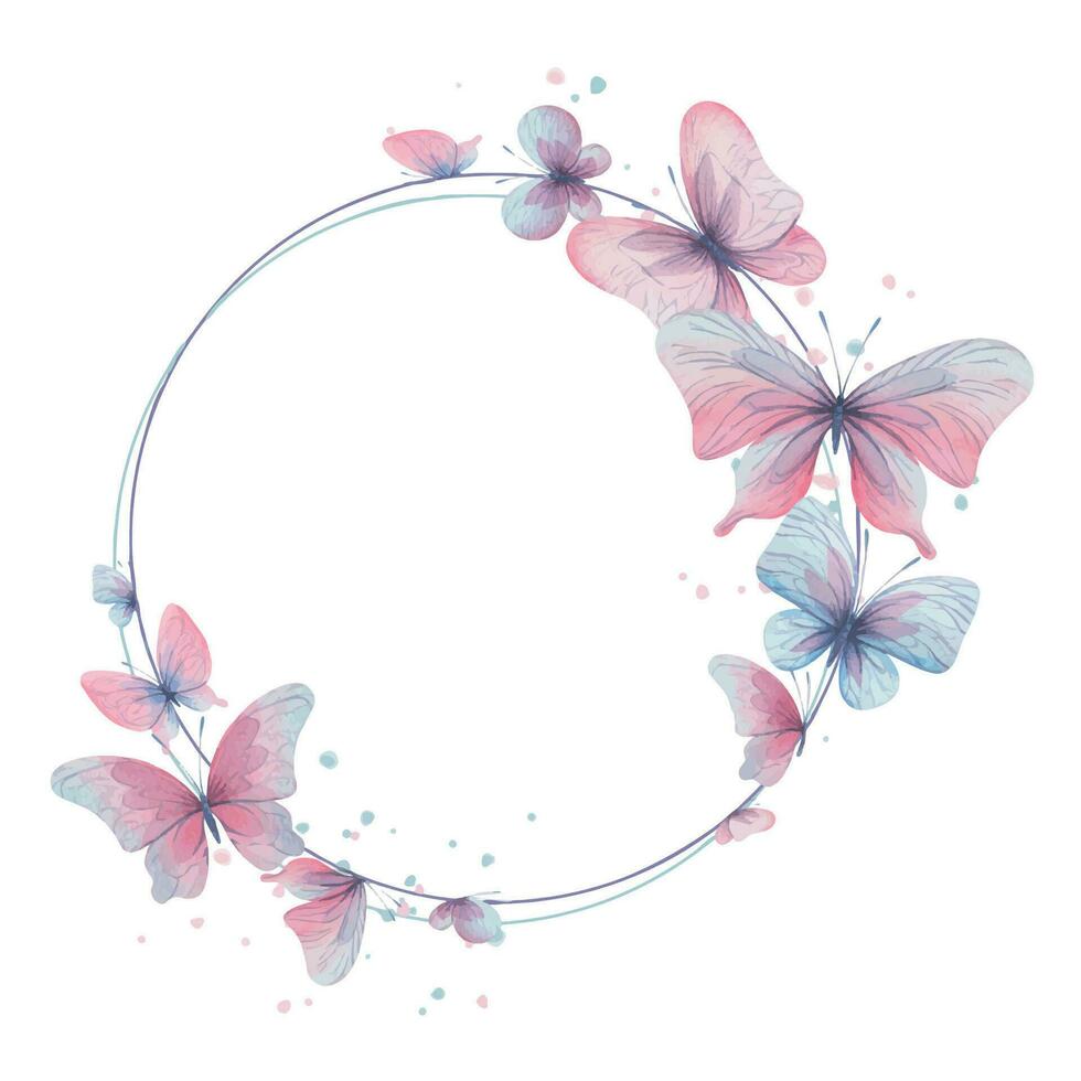 Butterflies are pink, blue, lilac, flying, delicate with wings and splashes of paint. Hand drawn watercolor illustration. Frame circle, template, wreath on a white background, for design vector