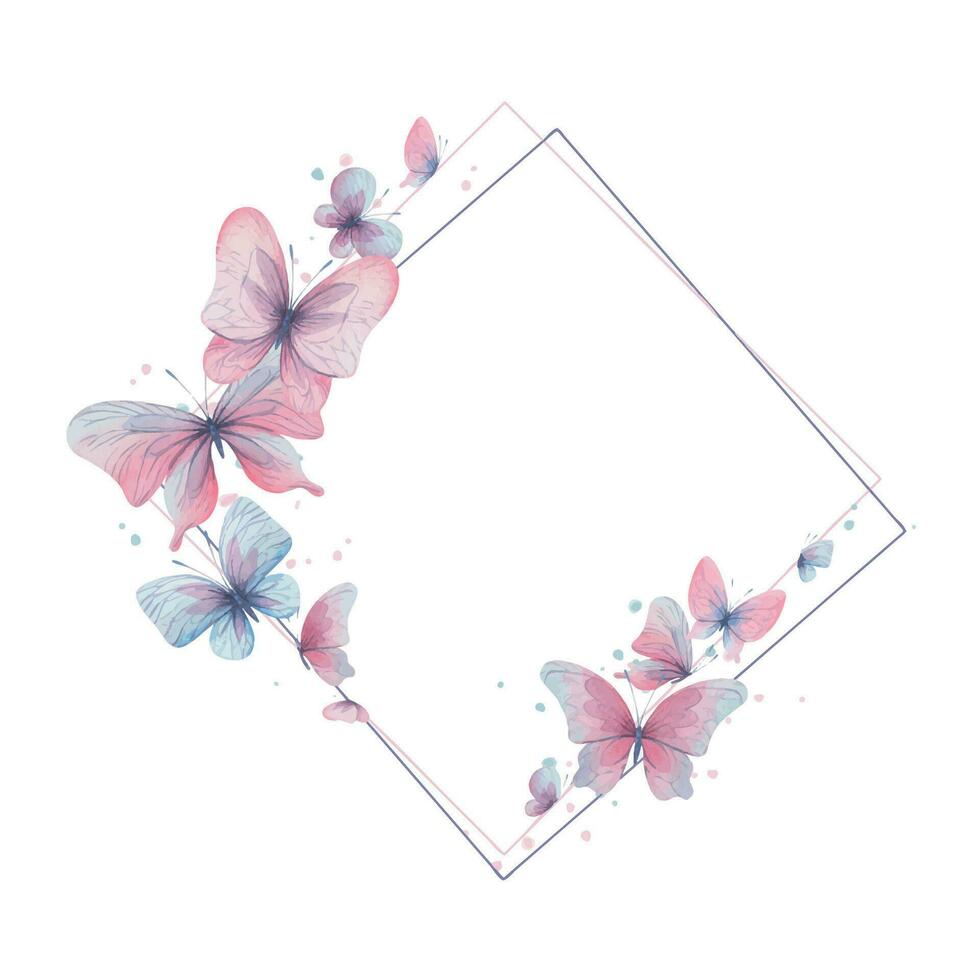 Butterflies are pink, blue, lilac, flying, delicate with wings and splashes of paint. Hand drawn watercolor illustration. Frame rhombus, template, wreath on a white background, for design. vector